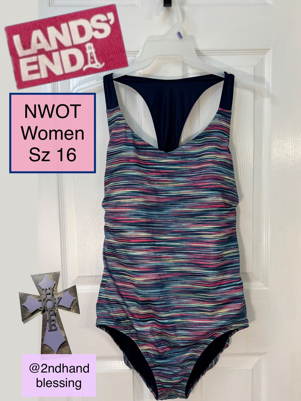 NWOT Lands' End Multicolor Stripe One Piece Swimsuit Women 16 SpaceDye Racerback